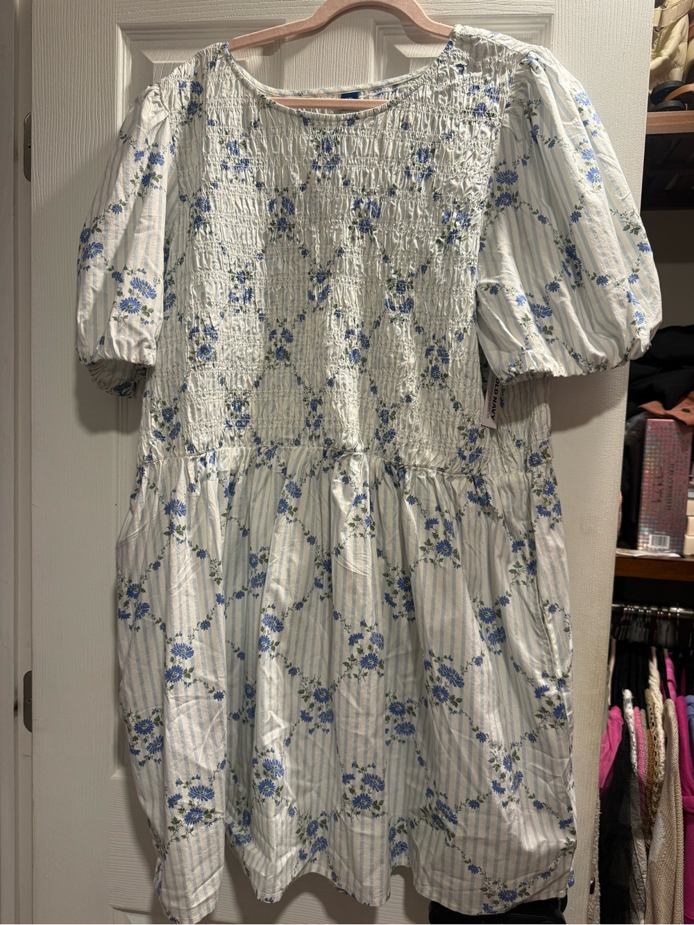 Old Navy White and Blue Smocked Puff-Sleeve Midi Dress